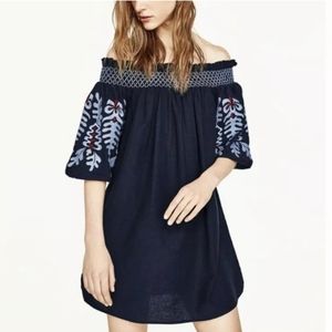 Zara Navy Off-Shoulder Embroidered Mini Dress with Light Blue & Red Accents